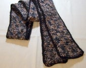 Multicolor Wool Brown and Blue Knit Scarf with Dark Brown Crochet Border