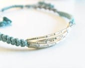 Macrame bracelet turquoise with tiny silver Hill Tribe "bamboo" beads