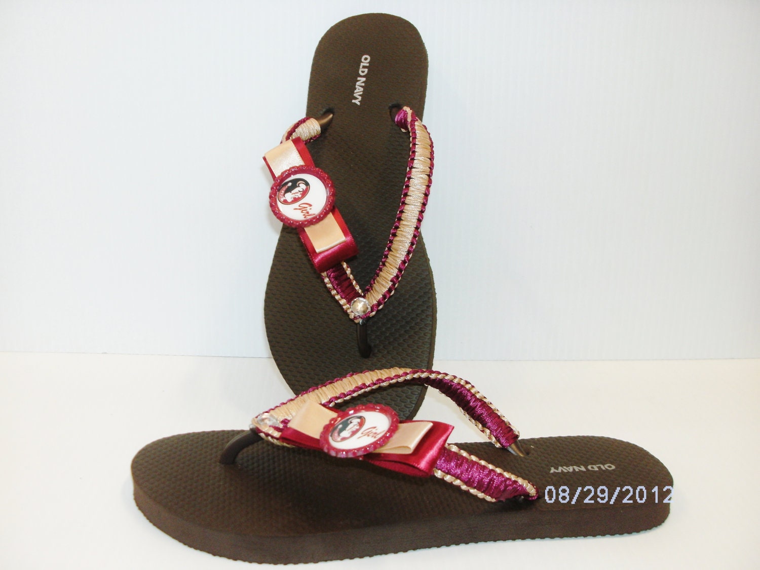 Game Day Burgurdy and Gold Ribbon Flip Flops