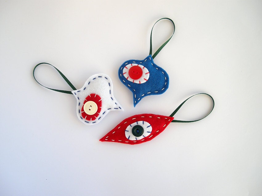 Retro Christmas tree ornaments - Patriotic felt decor in red, white and blue - holiday ornament