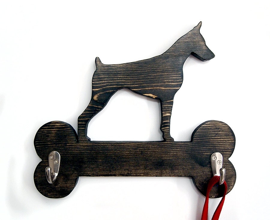 Doberman Dog leash Holder/ Key Holder (Pictured in Ebony Stain)Pine Wood Sign Wall Decor Rustic Americana Country Chic Key Hook Organizer