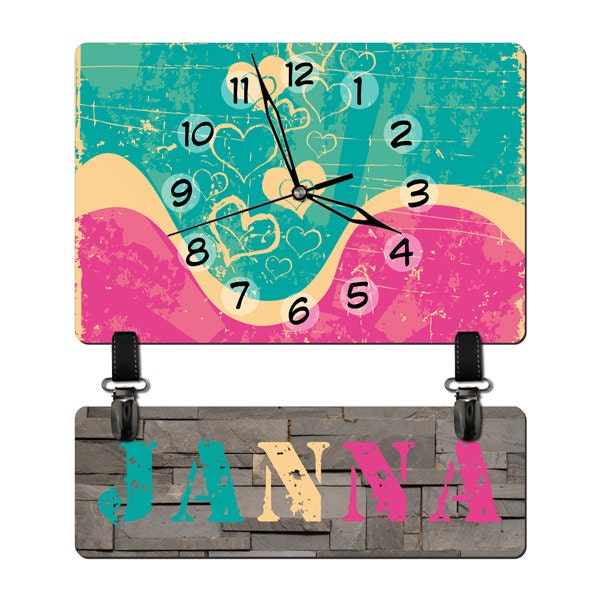 Custom and Personalized Children Kid's Birthday Gift Wall Clock for Girls's Art Deco Hearts Modern Decor