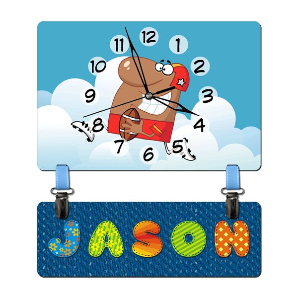 Mecian American or Ethnic Custom Personalized Children Kid's Christmas Birthday Gift Wall Clock for Boys Rooms American Football Theme Decor