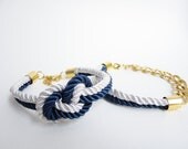 Navy white Knot Silk Cord Bracelet Gold chunky chain set ,nautical, infinity,bridesmaid