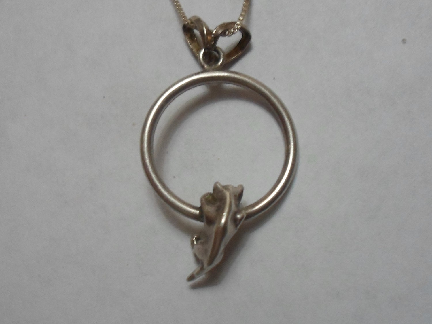 R E S E R V E D So Cute Sterling Silver Cat Hanging On Circle Pendant - Artisan Piece - Vintage - 18" Box Chain Included
