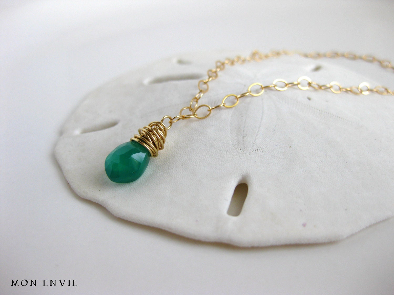 Wire Wrapped Green Onyx Briolette 14kt Gold Filled Chain Necklace