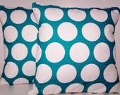 PILLOW COVER . Throw Pillow. Handmade Custom Modern Accent Pillows Two 14 x 14  Premiere Fabrics Turquoise White Dots Stripes Lattice