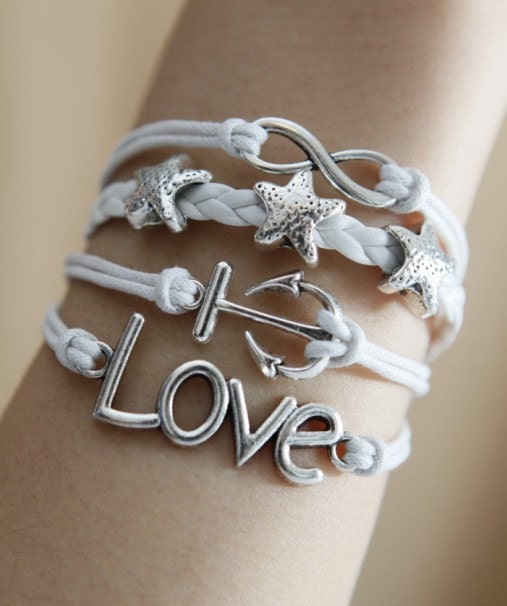 Handmade white wax cord white braided leather bracelet,silver love karma anchor starfish bracelet