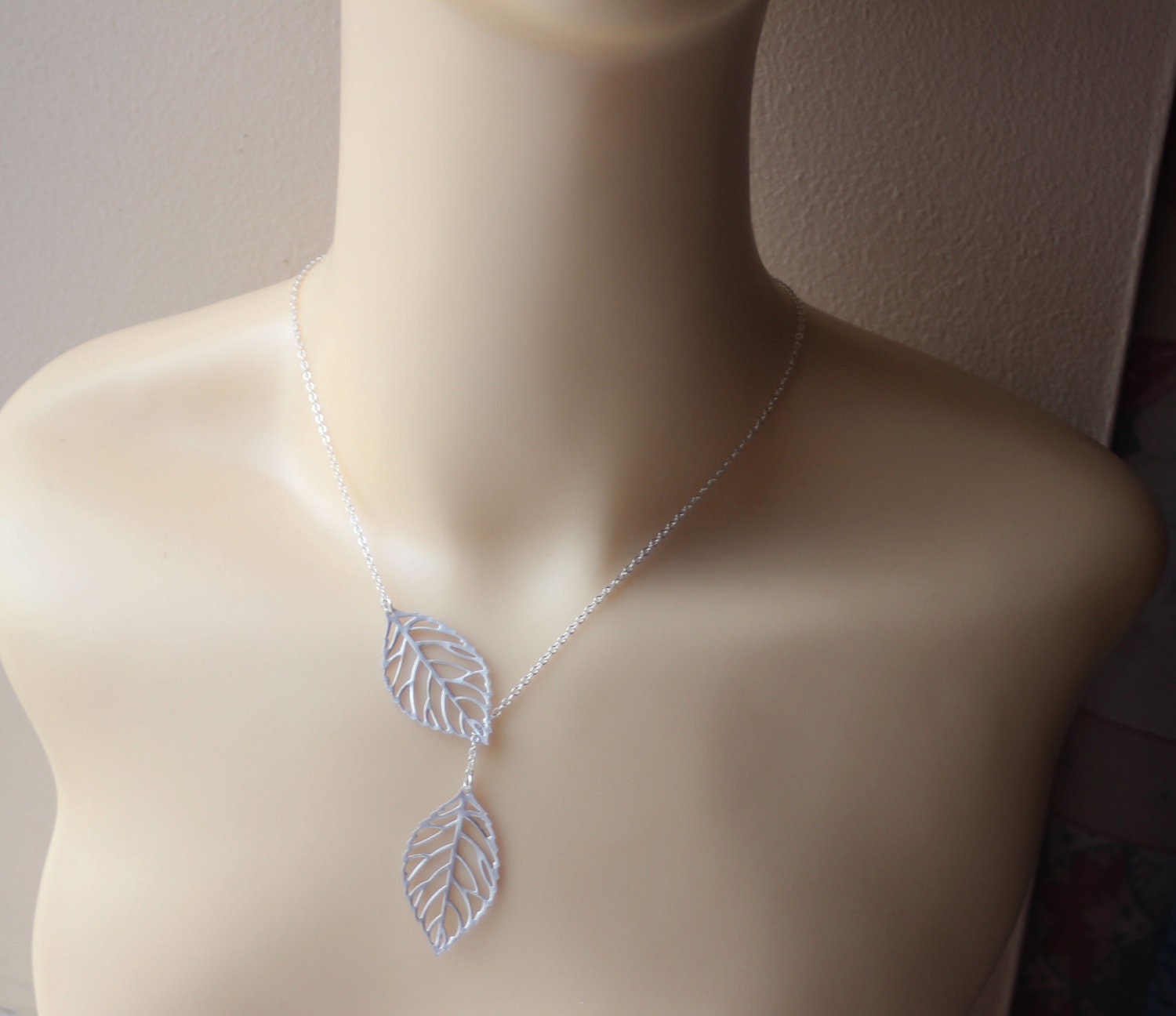 double leaf necklace ,silver leaf necklace , lariat leaf necklace