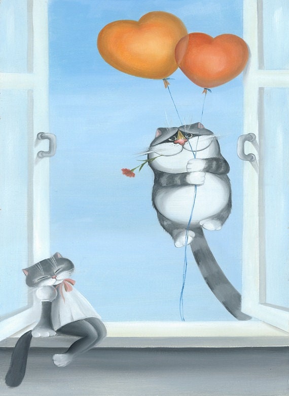 Love You - Cat Art,  Print from Original Oil Cat Painting, Fun Cats, Cute Cats,  Romantic Anniversary Wedding