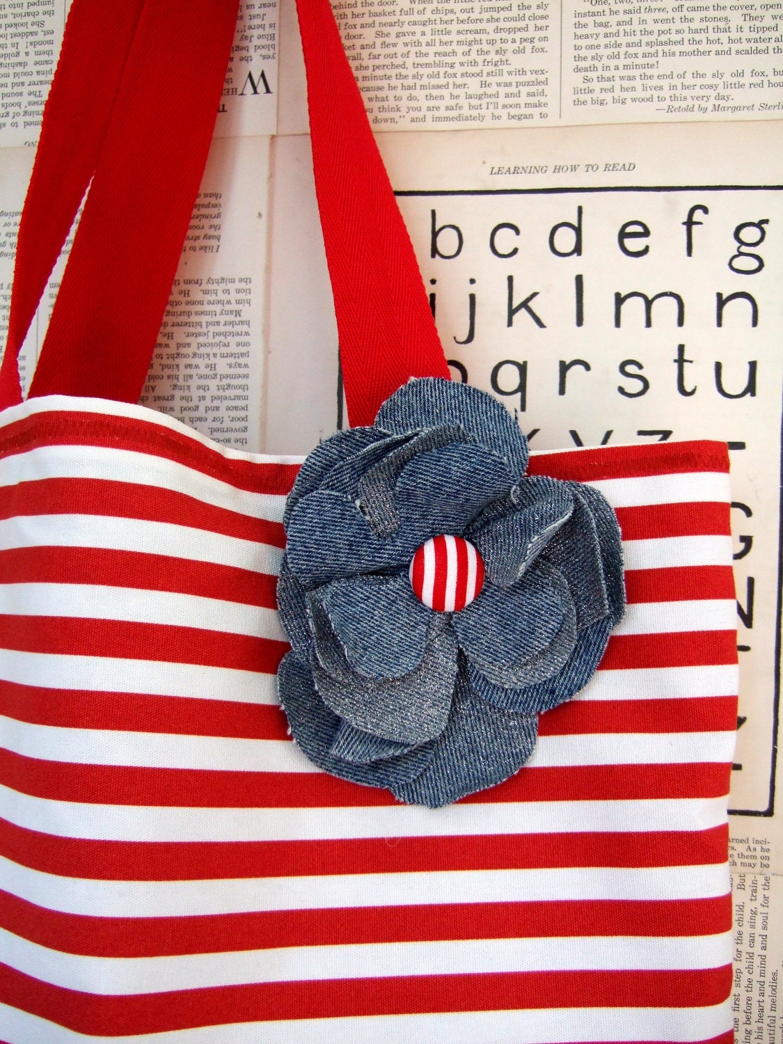 HANDMADE Red and White STRIPED tote bag with Denim Flower PIN