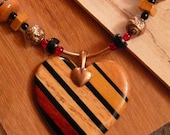 Tribal Necklace 1970s Boho Hippie Jewelry Unique Handmade Gift Exotic Wood Heart Pendant Turned Wood Beads Black Leather Cord OOAK