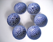 6 Pieces Blue And White Dotted Handmade Ceramic Pottery Tea Cups