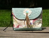 Aqua Flowers Handmade Clutch Camera Bag Purse Gadget Leather Fringe Laura Ashley