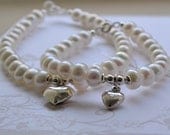 Mother Daughter Bracelet Gift Set keepsake AA Quality White Freshwater Pearl Little Puffed Heart charms 925 sterling silver bride bridesmaid