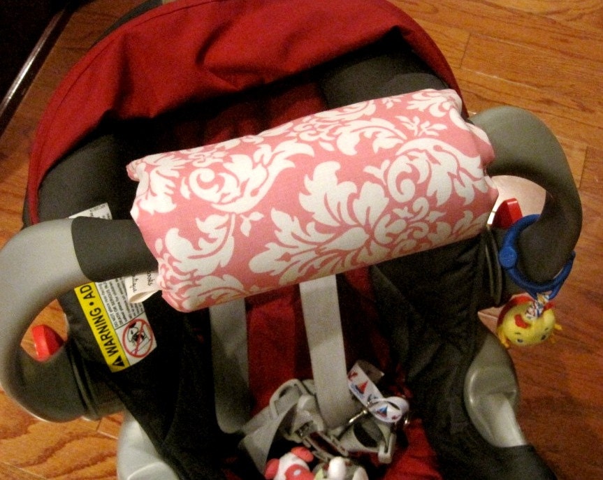 Reversible Car Seat ARM PAD Handle Cushion - Cute Pink White Dandy Damask