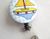 Retractable ID BADGE Reel Holder, Lanyard-Cute Sailboat on Blue Gingham