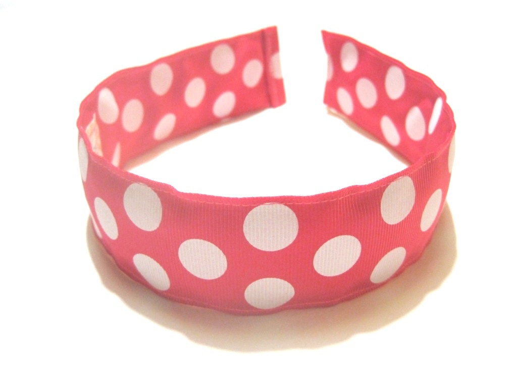 Preppy Headband- Cute Hot Pink White Polka Dots Grosgrain Ribbon