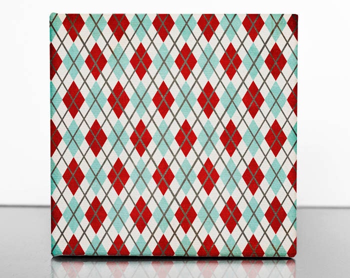 Holiday Wall Art Home Decor 6x6 - modern argyle geometric giclee print on canvas wall hanging mint green red gray white
