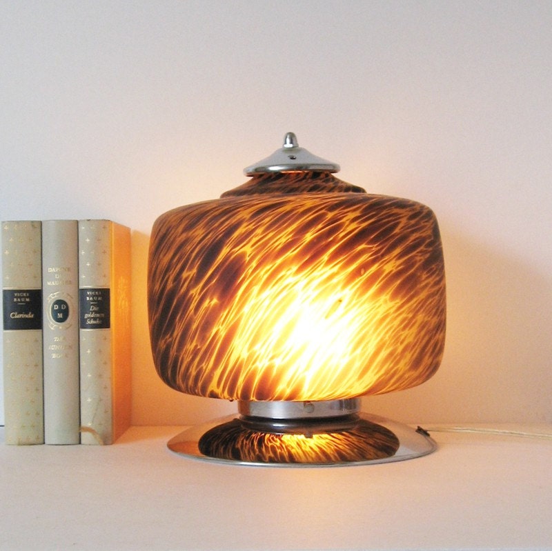 Vintage Tortoise Glass & Chrome Table Lamp - Home Decor Lighting Modernist Art Deco Style