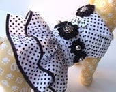 dog dress black and white polka dot cotton handmade flowers fully lined D-ring handmade