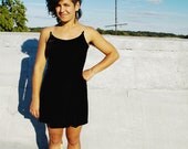 Vintage fancy flouncy party dress stretch black velvet crystal spaghetti straps Sz S