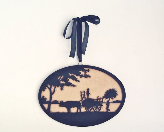Antique Wood Silhouette Farm Scene
