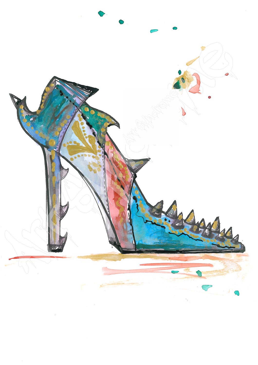Watercolor fashion illustration art, steampunk shoes, print, steampunk accessories, aqua blue, original art, 5x7,dragon,reptile, spikes,red