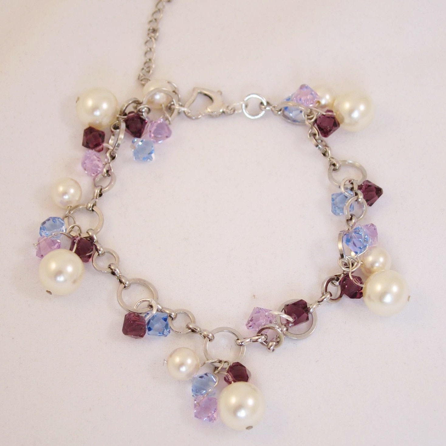 Silver Circles Swarovski Purple Crystals Simulated Pearls Chain Bracelet Shine Women Jewelry