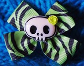 Neon Green Zebra Print Skull with Green Flower Hair Bow Clip Rockabilly/Kids/Psychobilly/Raver/Lolita/Cyber/Cute/Kawaii/Halloween/Spooky