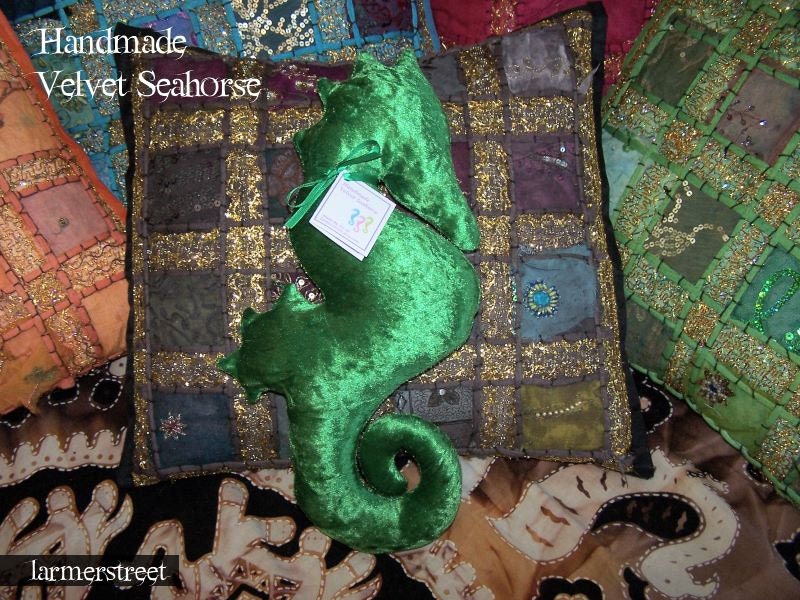 Handmade Velvet Seahorse in luscious GREEN. Bed and lounge decoration. Safe for Babies & Children.