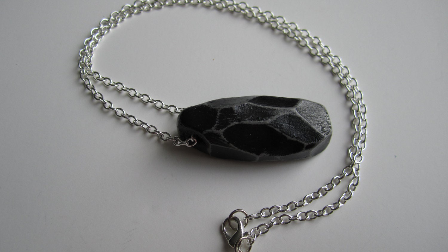 Polymer Clay Faceted Necklace -- Black handpainted faceted clay bead strung on silver plated chain, unique handmade jewelry