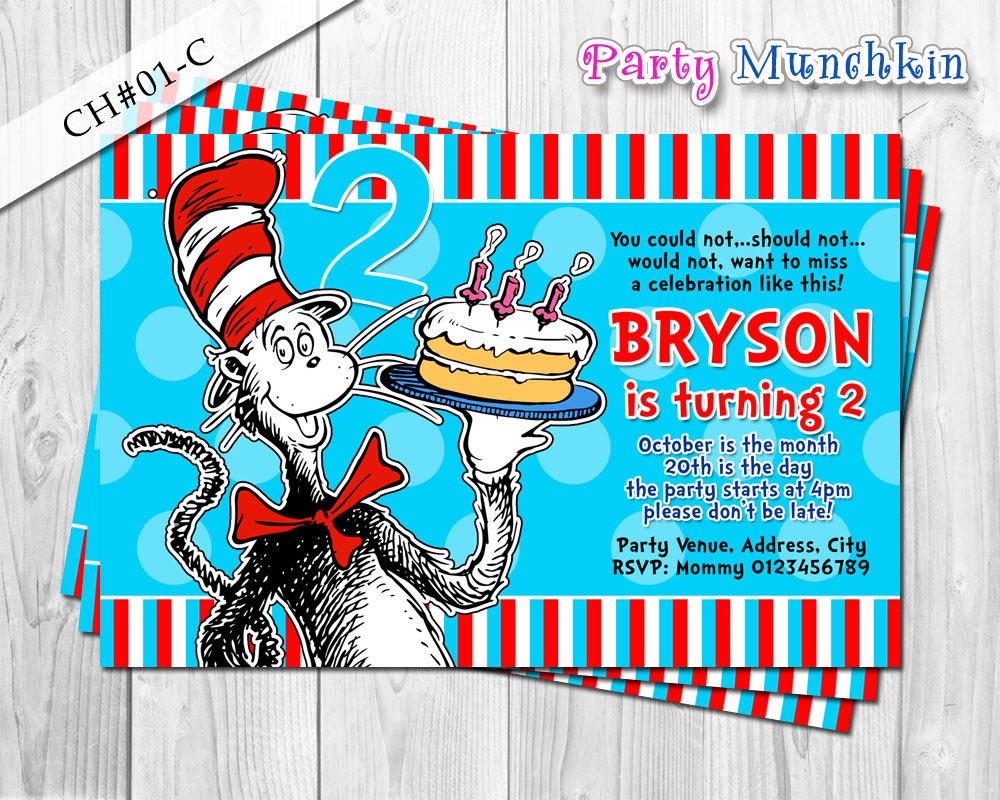 CAT in the HAT invitation, Dr Seuss invitation, Dr Seuss invite or Cat in the Hat birthday party