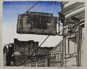 Empty Sign (blue sky) woodcut print