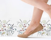 Handmade leather and vintage textile flat shoes custom made in sand brown