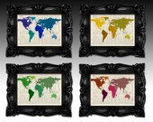 4 x WORLD MAP Pop Art print - Original illustration vintage book page print , on antique french dictionary page -  Design world map wall.