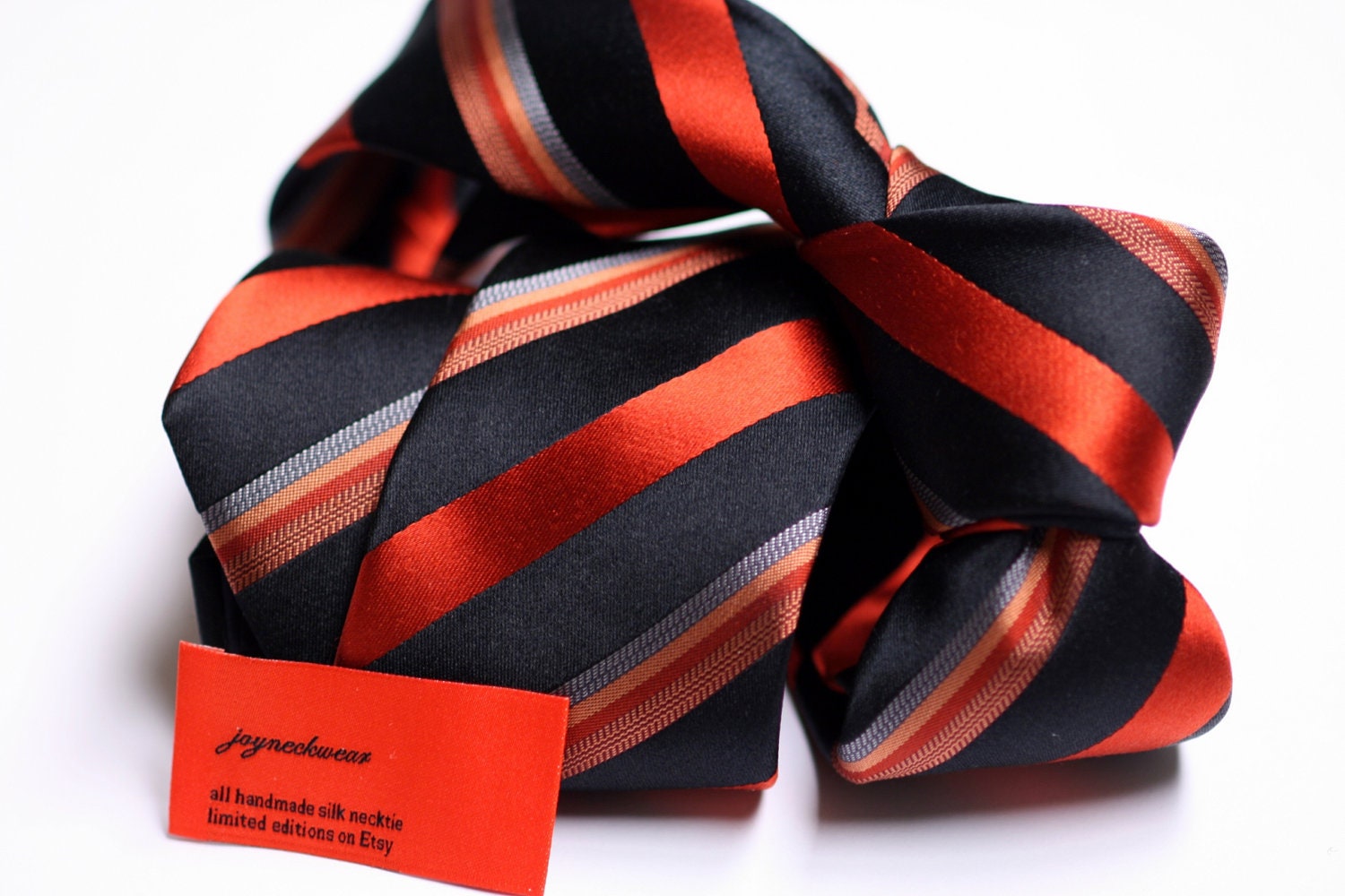 Skinny Silk Tie: Orange & Grey Stripes on Black - joyneckwear Skinny Silk Tie: Orange & Grey Stripes on Black - joyneckwear