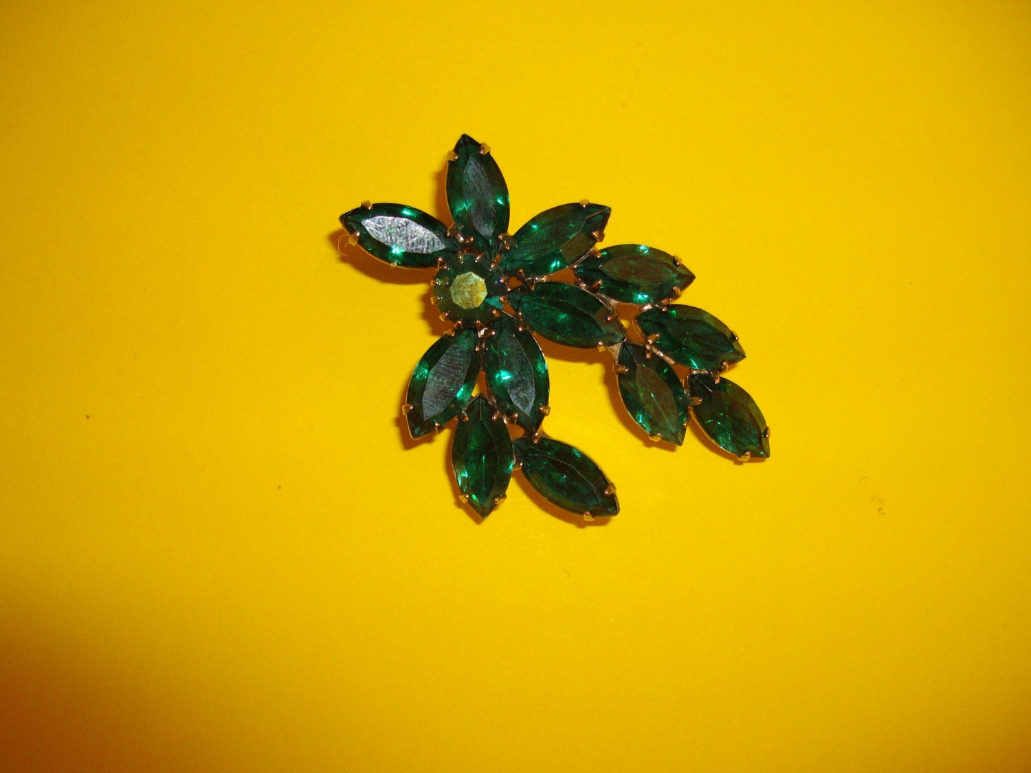 Vintage Blue Aurora Borealis Rhinestones and emerald green Shade cascading gold tone Brooch Pin.Gift.