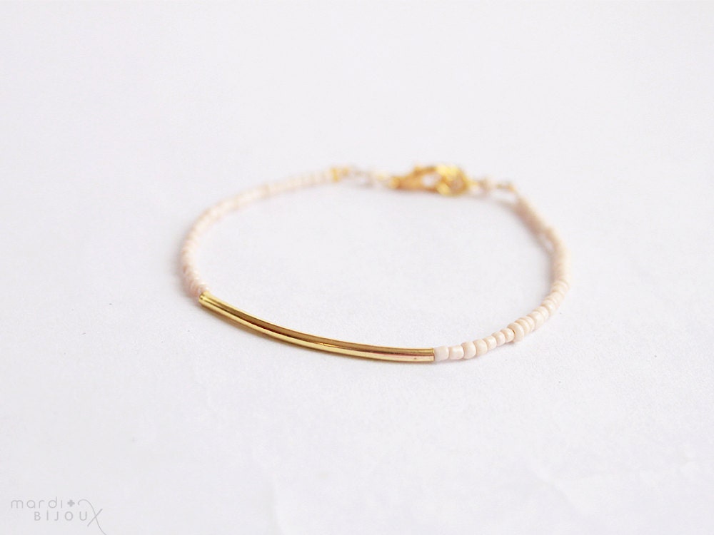 Ivory gold beaded bar bracelet - friendship stacking layered modern everyday jewelry