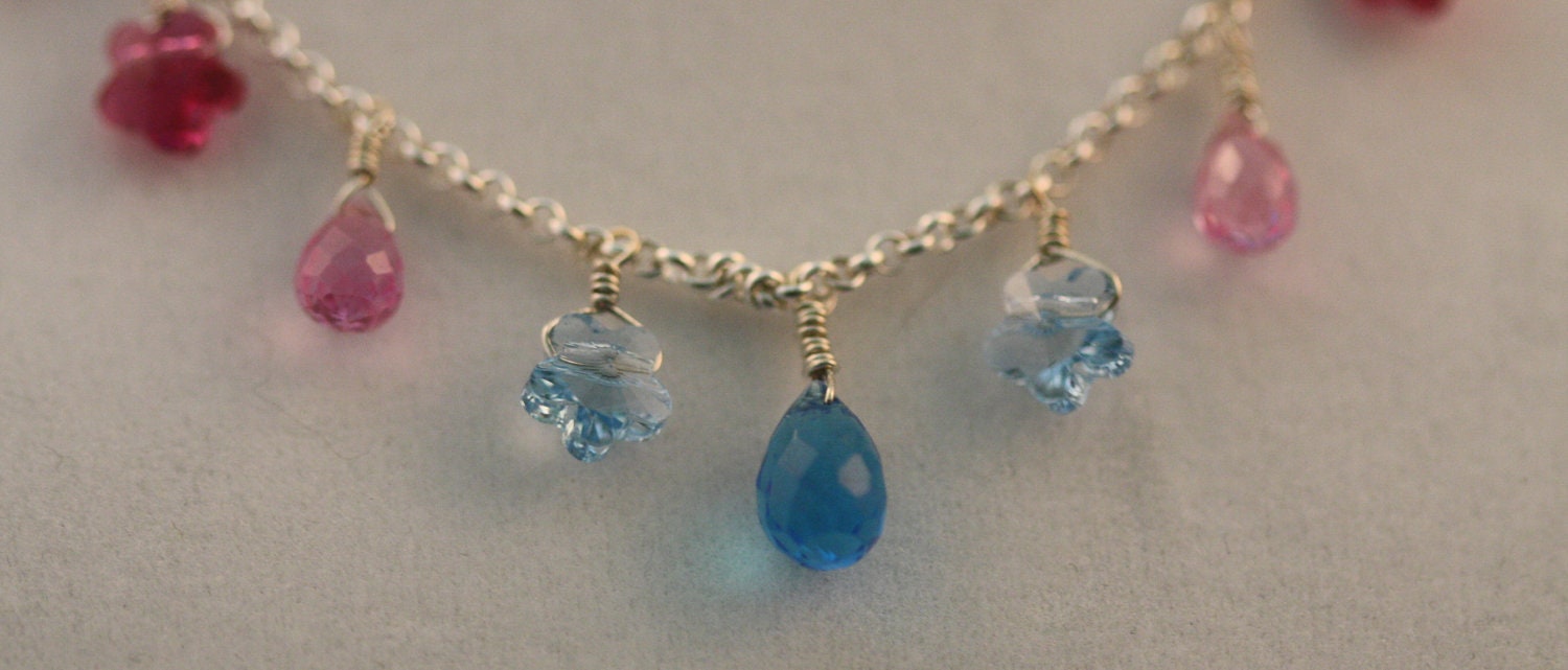 Pink Sapphire Blue Topaz Swarovki Crystal FLower Necklace in Italian Sterling Silver Briolette
