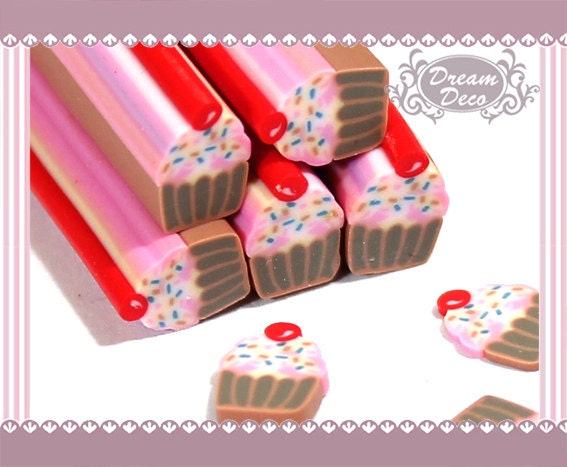 Cherry Pink Cupcake Polymer Clay Cane / Fimo Cane Stick For 3D Nail Art Decoration Miniature Sweet Food / Dessert / Cake Deco F186