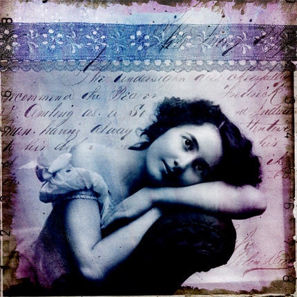 Soul Mirror- Mixed Media Collage, Portrait Collage, Antique Photo, Purple, Blue, Lace, 12x12 Print