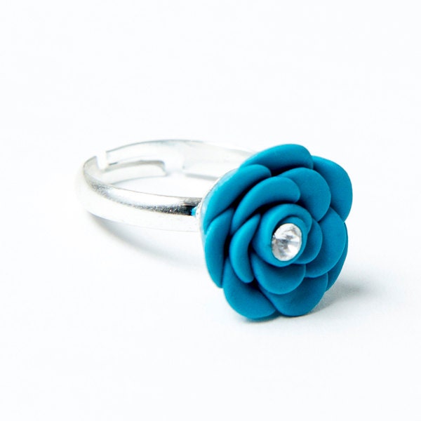 Crystal Rose Flower Ring / Polymer Clay / Stone / Dimond / Handmade Jewelry