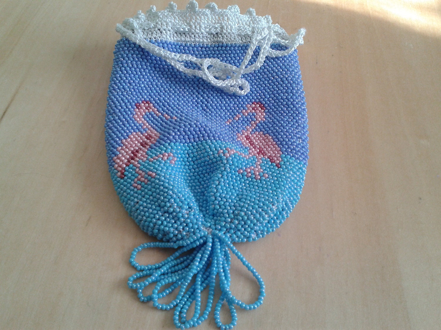 Egyptian Revival Scenic Beaded Silk Reticule Bag Purse, Scarlet Ibis, Drawstring closure, Glass Beads in Blues and Pinks