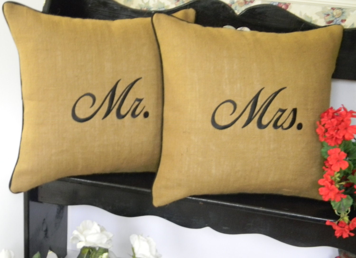 Set of 2- 20" x 20" Burlap Jute "Mr. and Mrs." Embroidered Monogrammed Decorative Throw Pillows - Feather and Down - Wedding / Shower Gift
