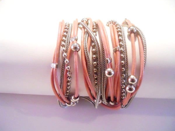 Antique pink round leather & nickel chains and beads, 3X wrap bracelet - Annikaloveforwraps