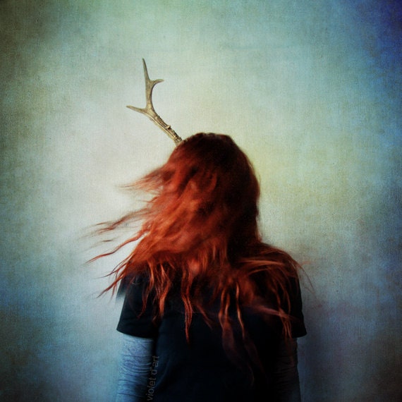 Lost 8x8 Conceptual Photograph. girl portrait, dark art, female, contemporary, surreal photo, red hair, deer antler - borninnovember