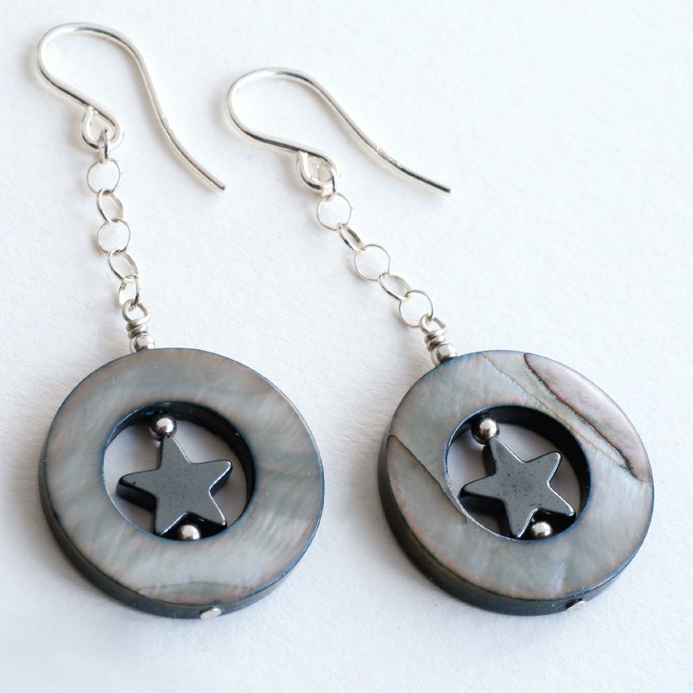 star earrings shell hoops sterling silver pentacle earrings long dangle earrings pagan jewelry wicca gunmetal gray earrings gift under 25