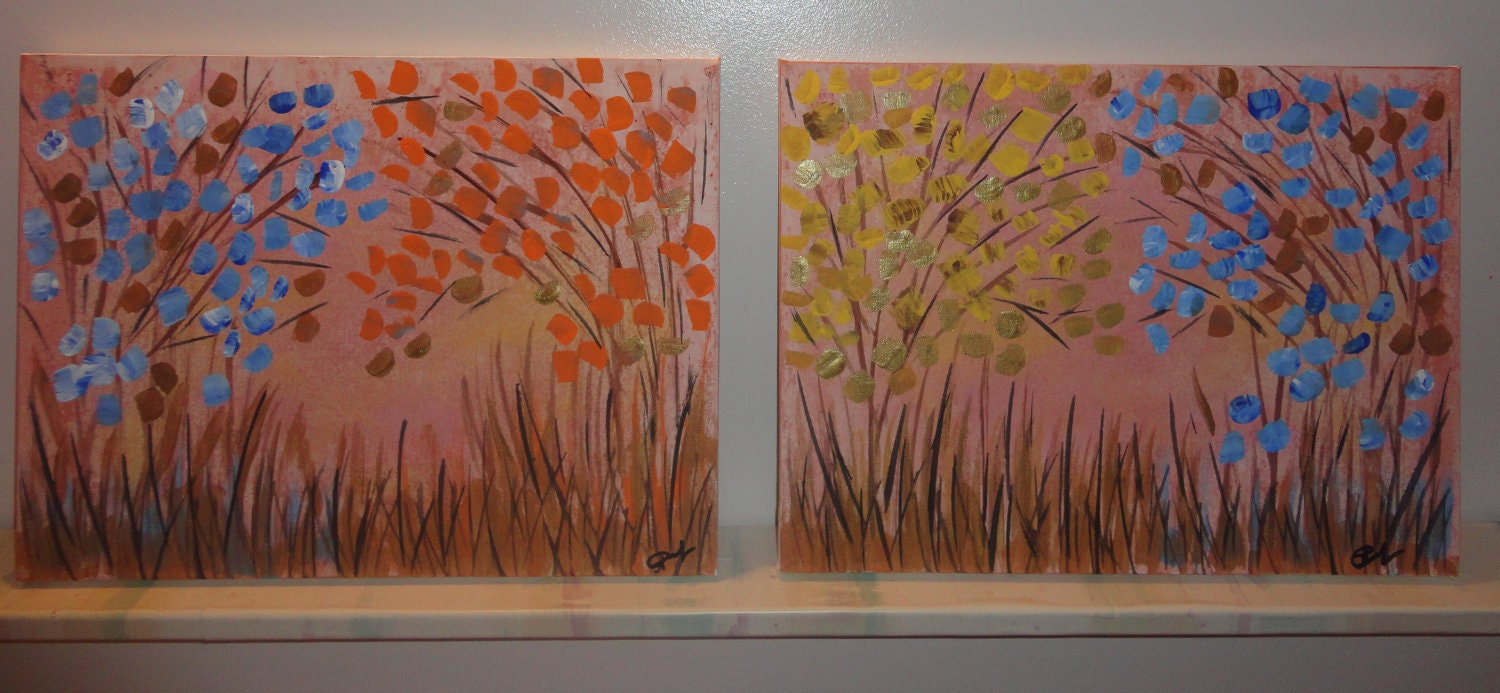 ORIGINAL  Contemporary Fine Art Flowers Modern Acrylics Abstract Floral Two Landscape Paintings on Artist Canvas