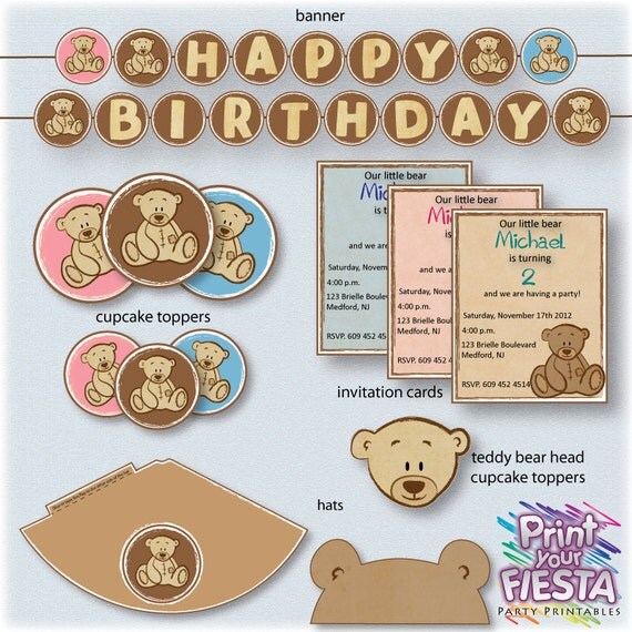 Print Your Fiesta editable digital party set - Printable Teddy Bear Party Kit - hats, cards, wrappers, favor tags and more, Free shipping Il_570xn